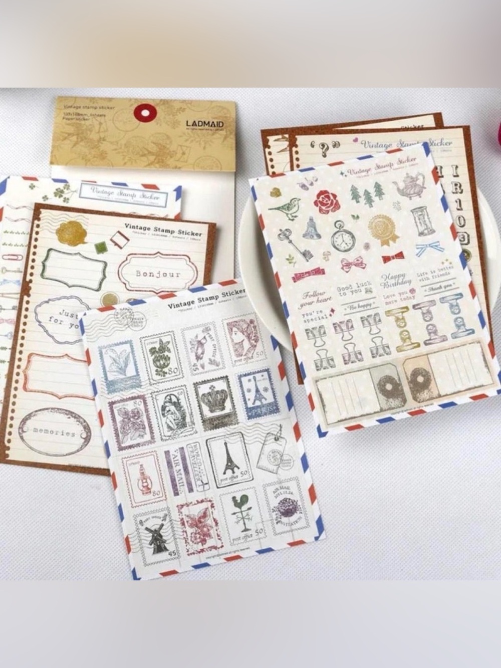 $3~6-piece Vintage Stamp Sticker Sheet set $3 WITH ANY $10 ORDER OR MORE